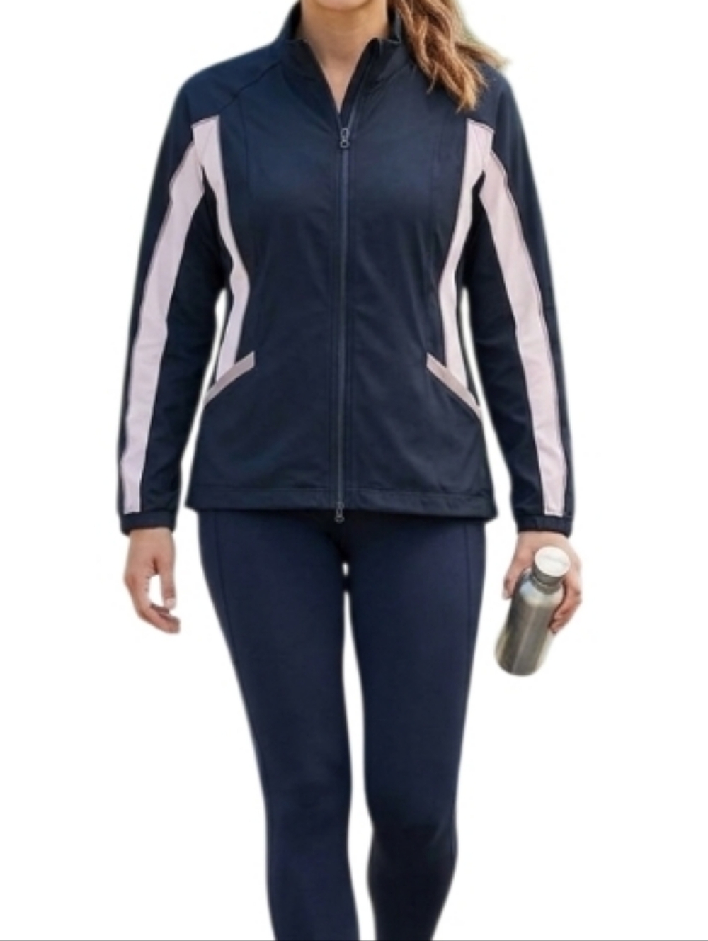 SOMA Tranquility Stretchy Black Zip Up Jacket Front Pockets & White Brown Accent